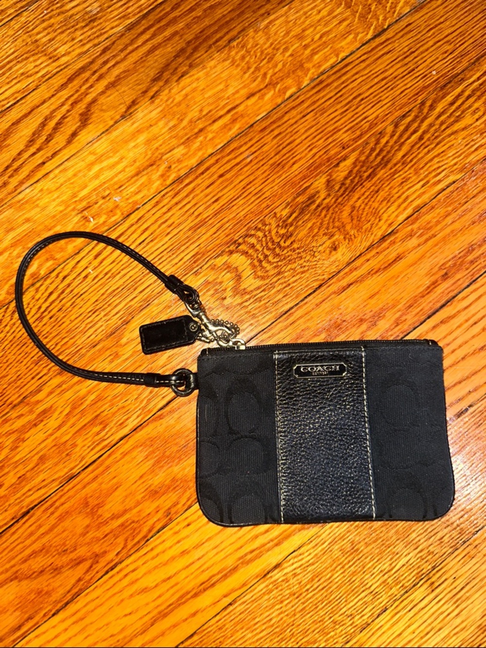 Coach Black Signature Wristlet with Leather Trim